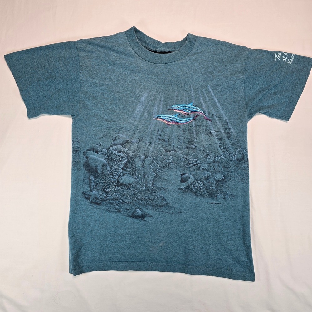 Vintage Signal Sport Dolphin Embroidered T-Shirt Hawaii Kauai Blue Medium USA